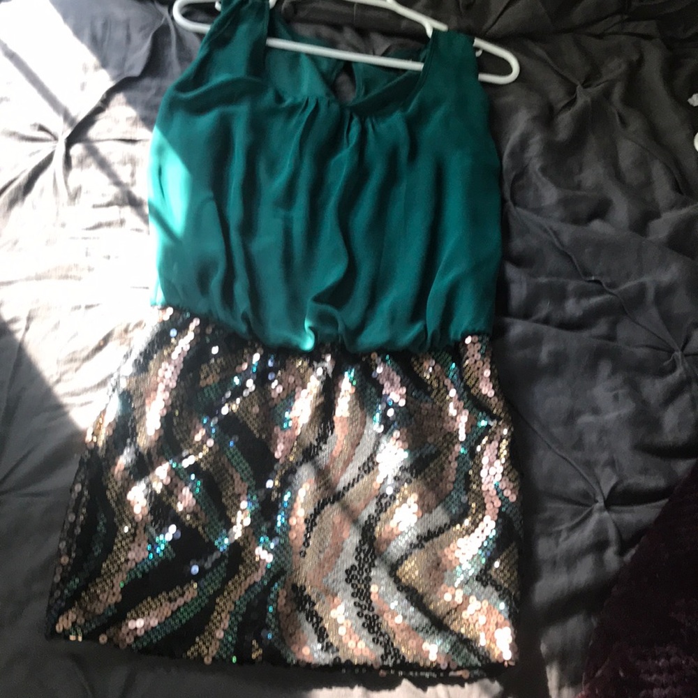 Teal dress with tight sequin bottom